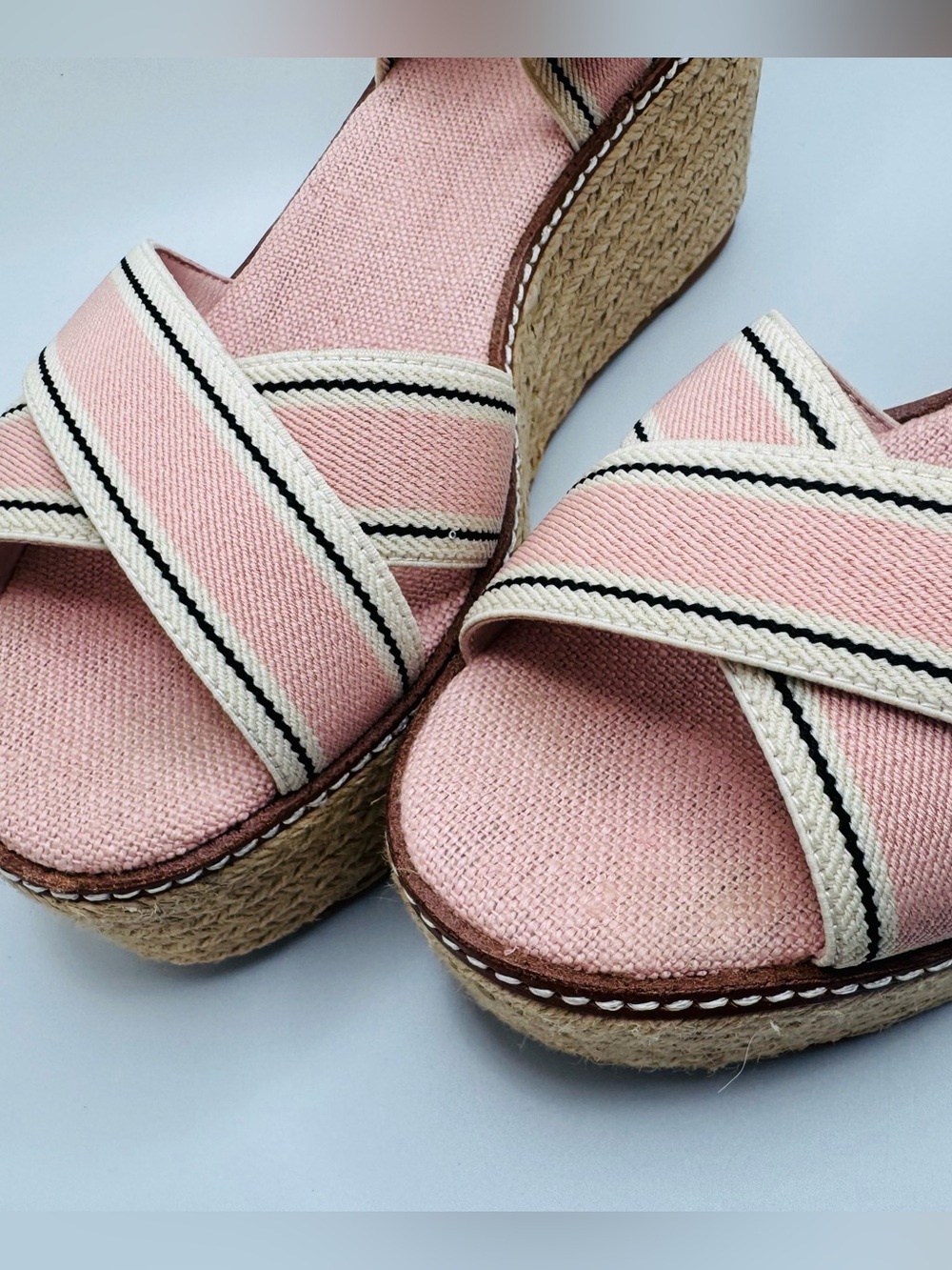 Tory Burch Pink Cross-Strap Espadrille Wedges with Cream Trim